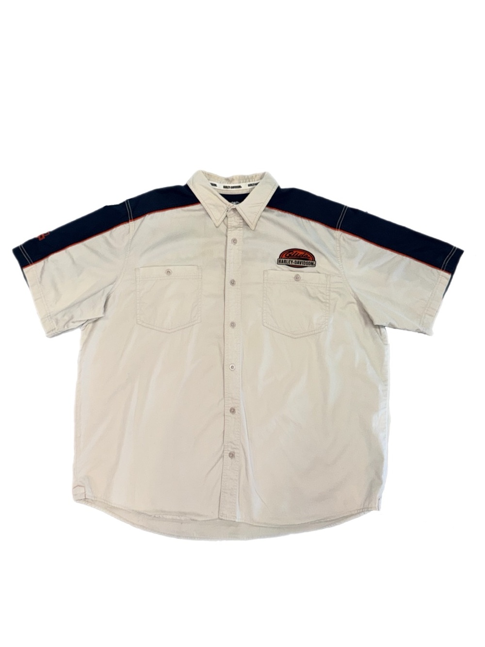 Harley-Davidson Two-Tone Workwear Button-Up Cream Navy Embroidered shirt